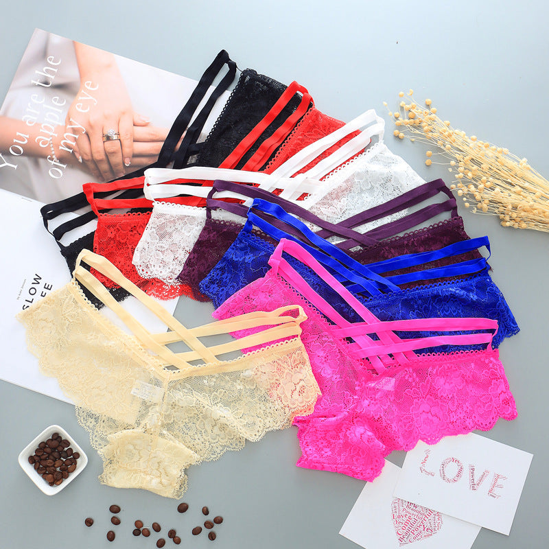 Hollow Rose Jacquard Triangle Pants Transparent Cross Ribbon Underwear