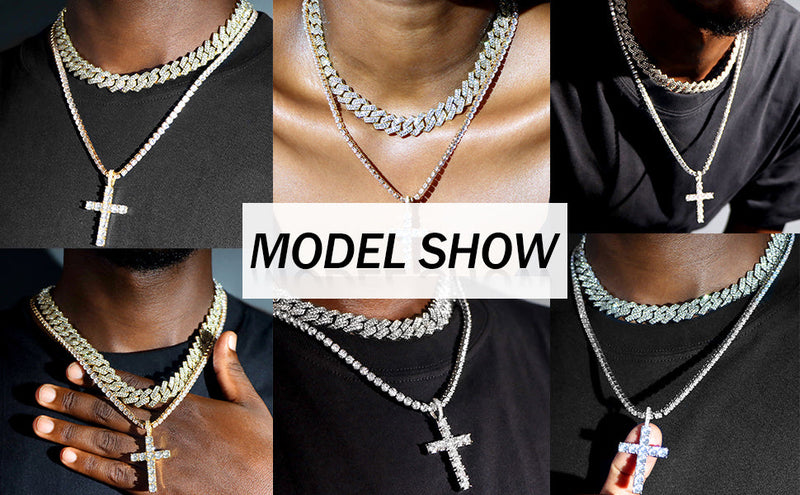 Iced Out Zirconia Cuban Link Chain Necklace, Men Cross Pendant Necklace Set, Hip Hop Bling for Men