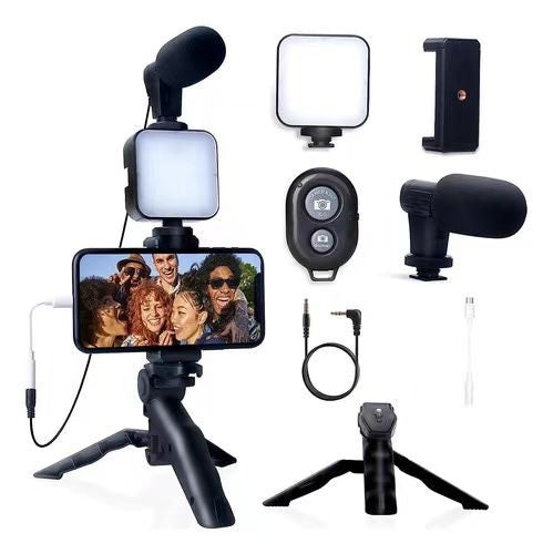 Vlogging Kit With Tripod Phone Holder Mini Microphone LED Fill Light Starter