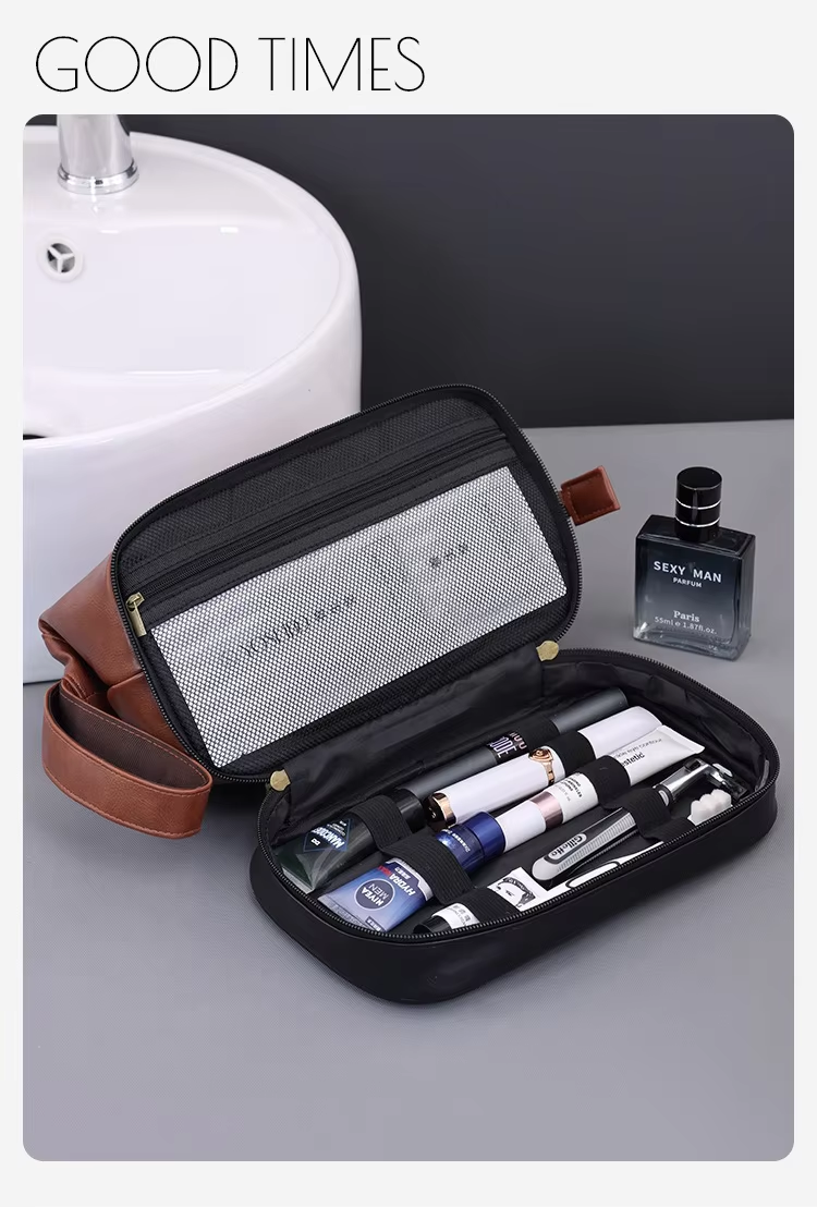 Business Trips Large Capacity Travel Toiletry Bag for Men Vintage Double Layer Design Multifunctional Portable Handheld Case