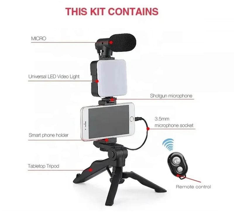 Rechargeable Vlogging Kit With Tripod Phone Holder Mic LED Fill Light Starter