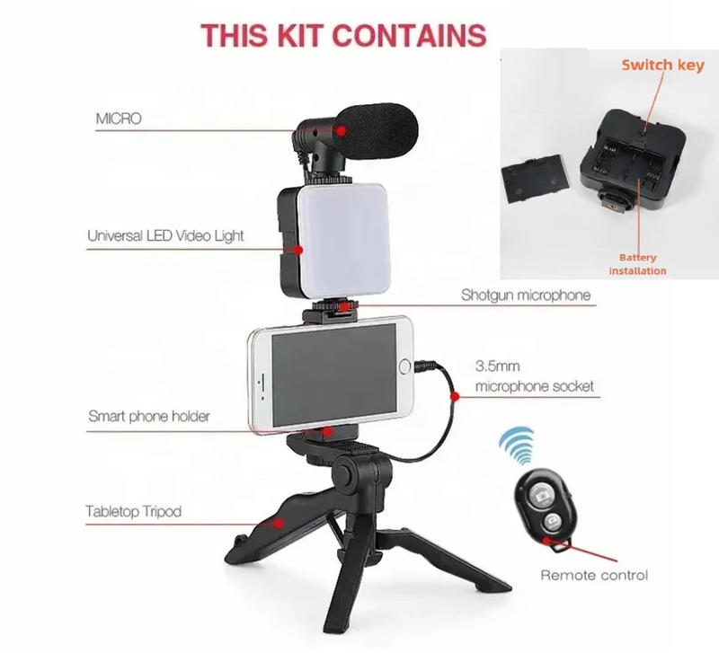 Vlogging Kit With Tripod Phone Holder Mini Microphone LED Fill Light Starter