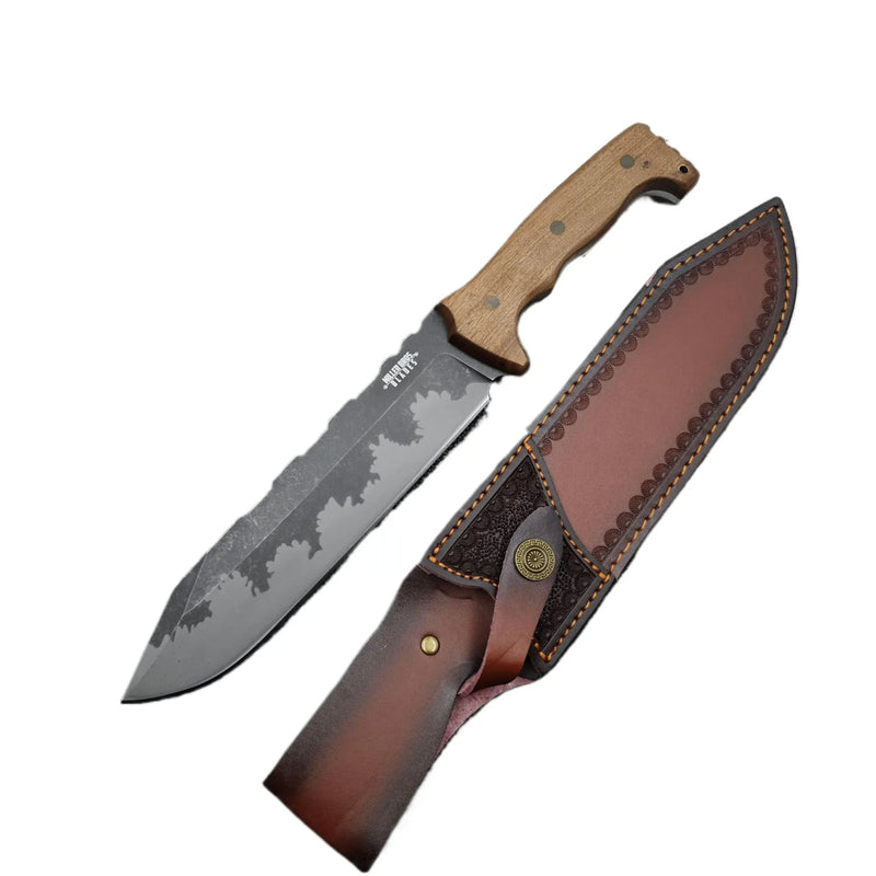 Handmade 9Cr18Mov Steel Hunting Knife with Leather Sheath, Full Tang Survival Bowie Knife for Camping, Outdoor, EDC