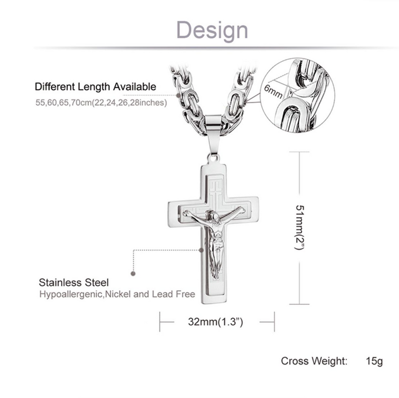 Jesus Christ Cross Pendant Necklace Stainless Steel Byzantine Chain Jewelry