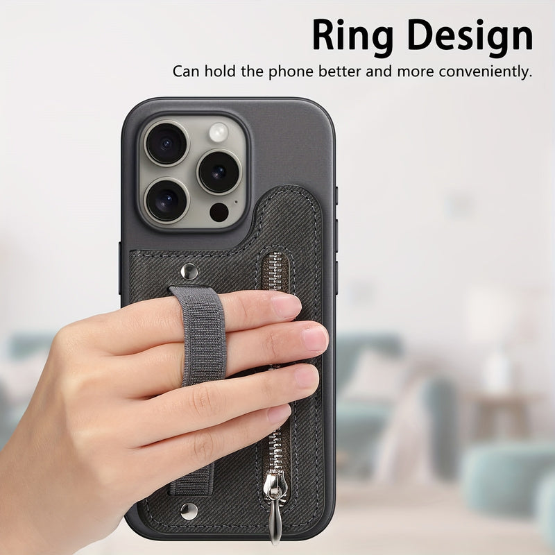 Adhesive Phone Back Card Holder RFID-Blocking Zipper Wallet with Stand