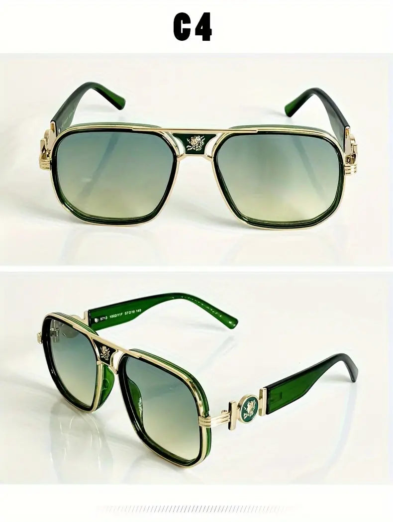 Men's Premium Elegant Square Sunglasses – Green Frame with Unique Temples, UV400 Protection for Daily & Outdoor Use