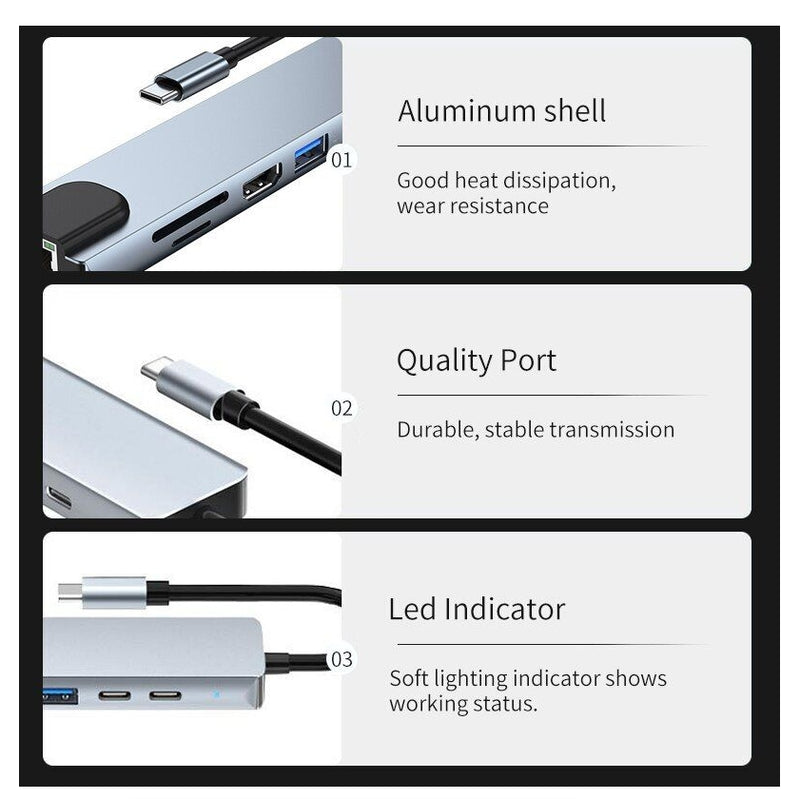 Usb 8 In 1 Hub Adapter Type C 3 1 To 4k HdTV With Sd Tf Rj45 Card Reader