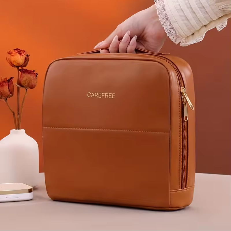 Portable PU Standing Makeup Bag Zipper Closure Letter Soft Handle Large Capacity for Professional Beauty Cosmetics Storage