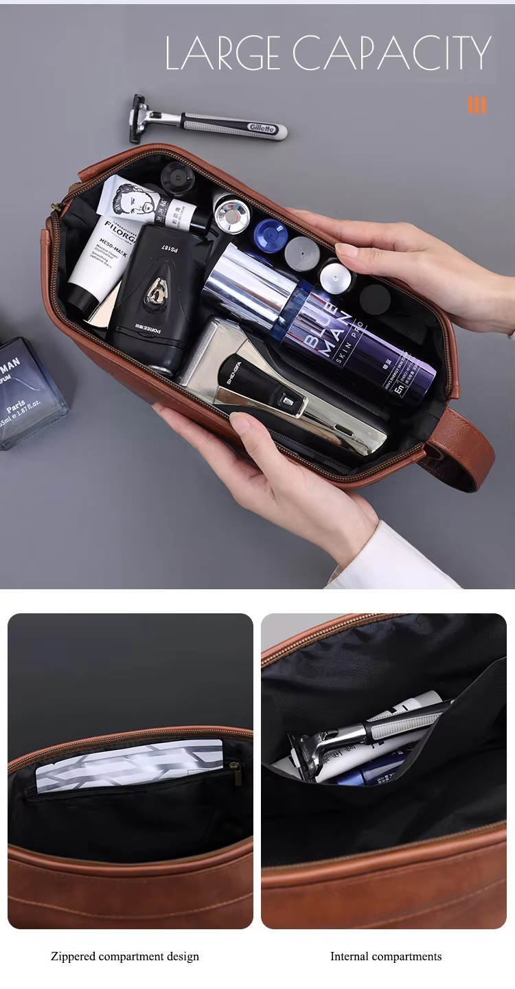 Business Trips Large Capacity Travel Toiletry Bag for Men Vintage Double Layer Design Multifunctional Portable Handheld Case