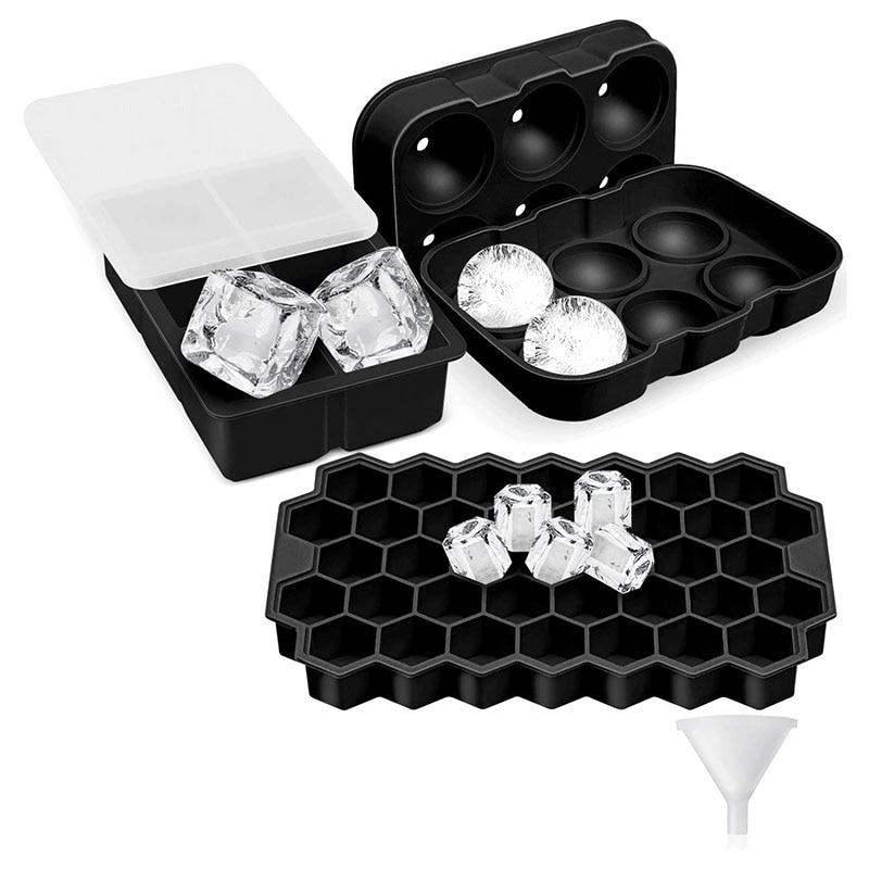 Ice cube tray, 3 silicone ice cube trays with lids, spherical ice mould