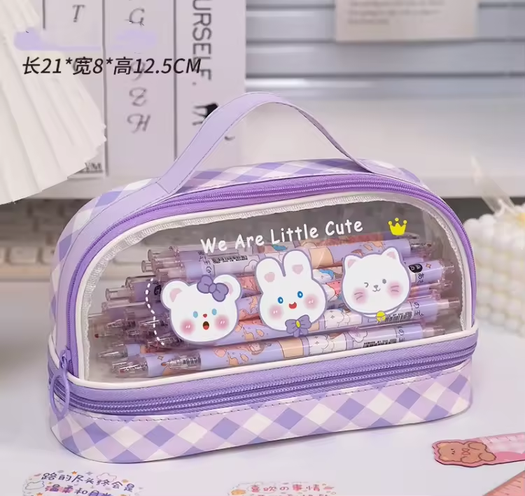 High-Appearance Double Cute Transparent Pen Bag Large Capacity Simple Zipper Student Portable Pencil Case Pencil Pouch