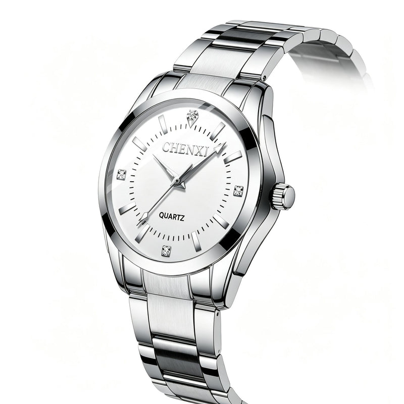 Chenxi Men's Quartz Watch – Silver Stainless Steel Strap, Minimalist White Dial, Casual Business Wristwatch