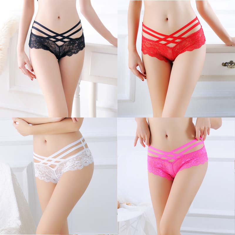 Hollow Rose Jacquard Triangle Pants Transparent Cross Ribbon Underwear