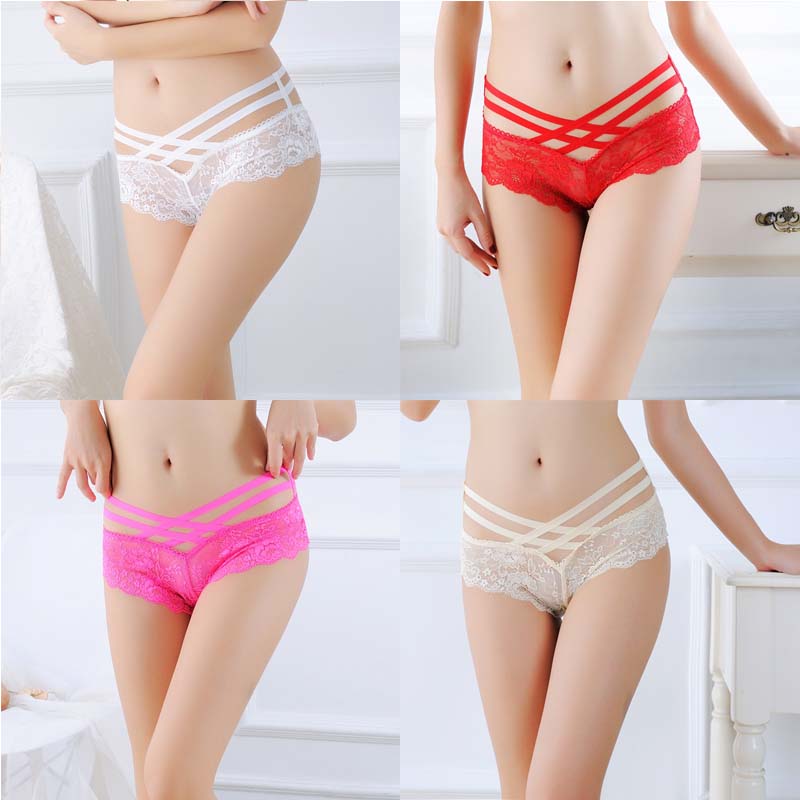 Hollow Rose Jacquard Triangle Pants Transparent Cross Ribbon Underwear