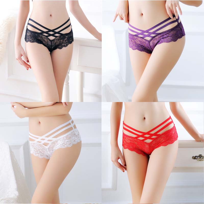 Hollow Rose Jacquard Triangle Pants Transparent Cross Ribbon Underwear