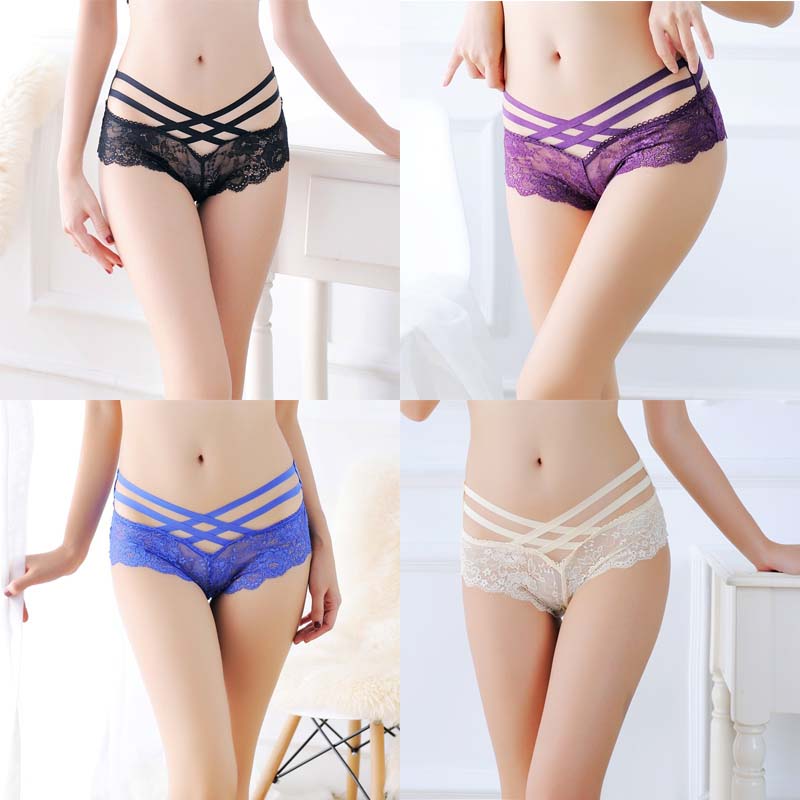 Hollow Rose Jacquard Triangle Pants Transparent Cross Ribbon Underwear