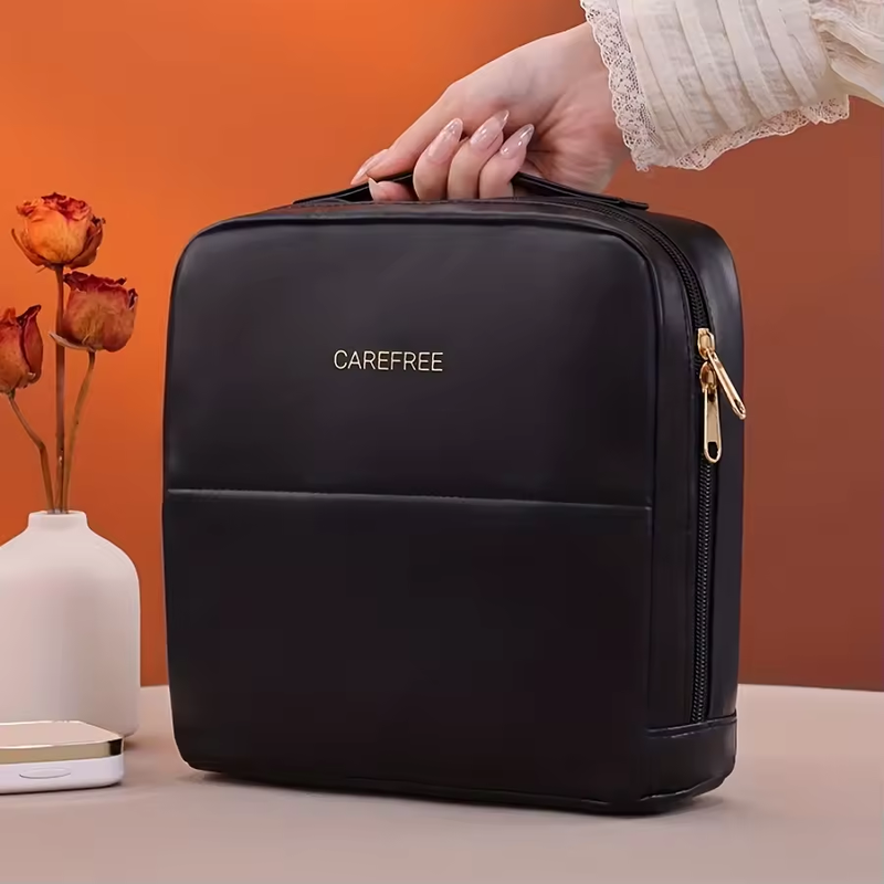 Portable PU Standing Makeup Bag Zipper Closure Letter Soft Handle Large Capacity for Professional Beauty Cosmetics Storage