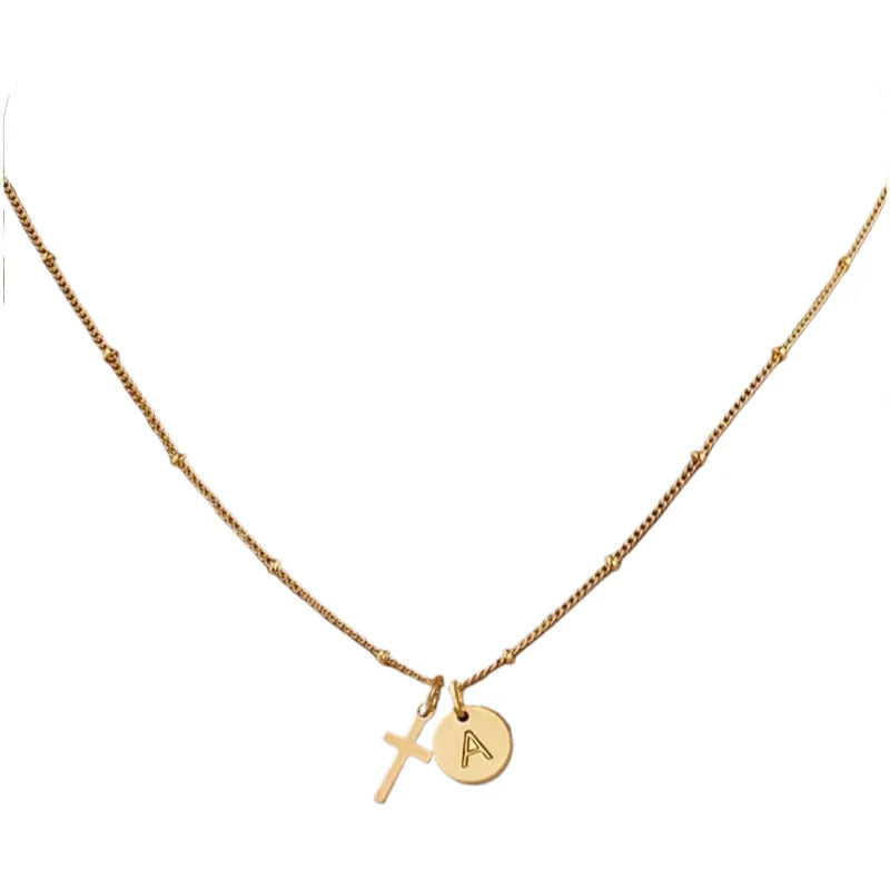 Initial Cross Pendant Necklace for Woman, 14K Gold Plated Dainty Satellite Chain Necklace, Personalized Letter Jewelry Gift