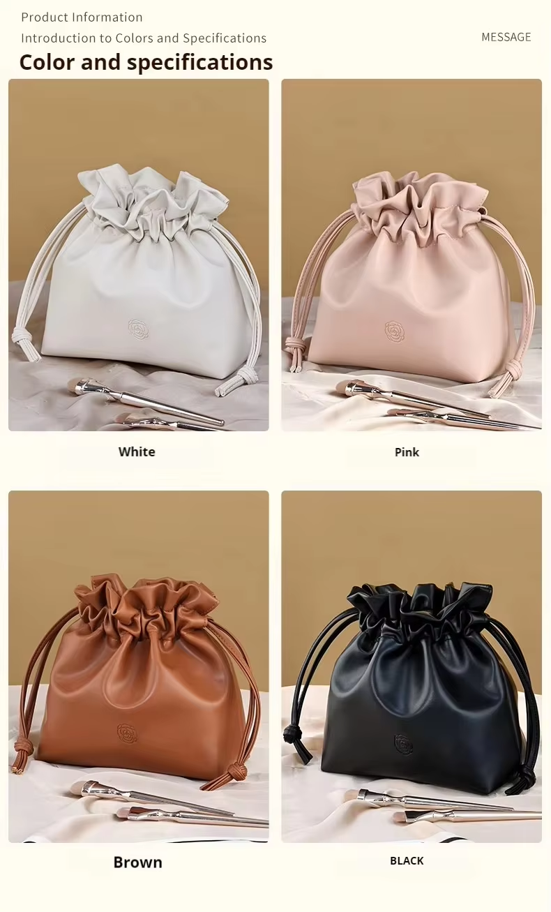 Elegant Soft PU Leather Drawstring Cosmetic Bag Portable Waterproof Makeup Pouch for Woman Travel Toiletry Organizer