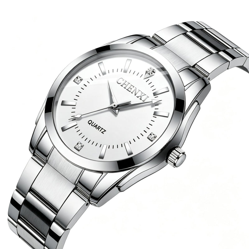 Chenxi Men's Quartz Watch – Silver Stainless Steel Strap, Minimalist White Dial, Casual Business Wristwatch