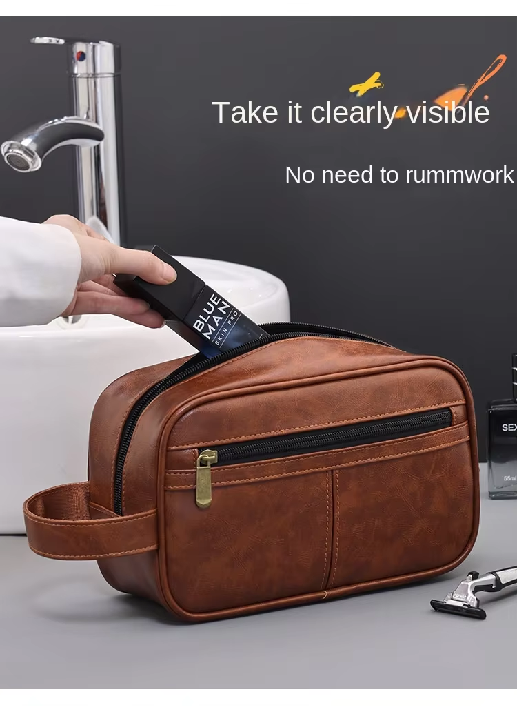 Contrast Color Men's PU Wash Bag Medium Capacity Waterproof Zipper Closure Side Handle Portable Cosmetic Storage Travel Fitness