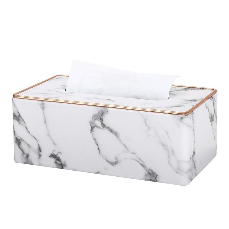 Multifunctional PU Leather Rectangular Marble Towel Drawer Holder Gold Lining