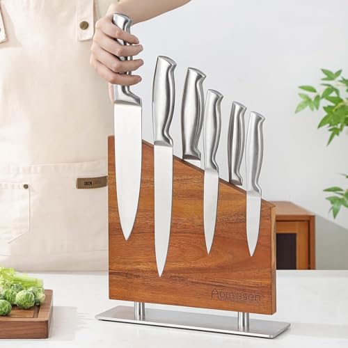 Double Sided Magnetic Wooden Knife Block, Acacia Wood Magnetic Knife Holder for Kitchen, Countertop Knife Storage Organizer