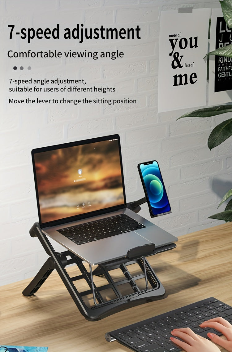 Adjustable Laptop Stand with Cooling Fan & Phone Holder, Ergonomic Foldable Laptop Riser for Desk, Portable Notebook Stand with Heat Vent for 10-17 inch Laptops