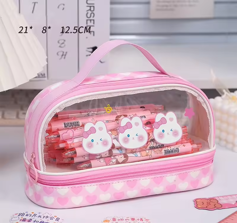 High-Appearance Double Cute Transparent Pen Bag Large Capacity Simple Zipper Student Portable Pencil Case Pencil Pouch