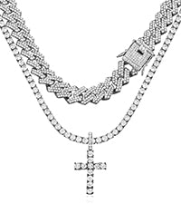 Iced Out Zirconia Cuban Link Chain Necklace, Men Cross Pendant Necklace Set, Hip Hop Bling for Men