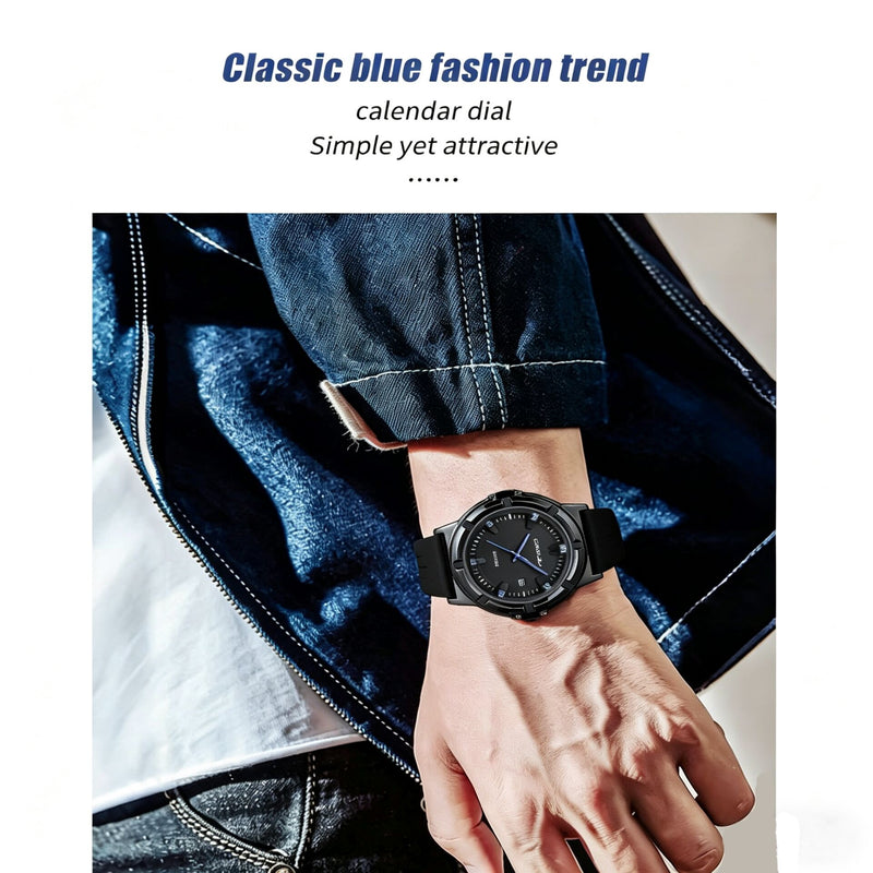 Sporty Blue Accent Date Display Quartz Wristwatch