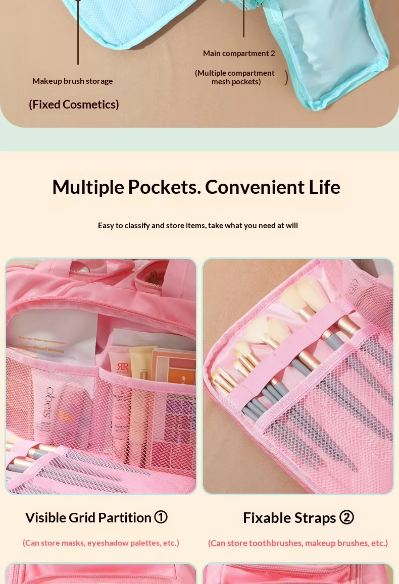 Fashionable Simple Woman Open Nylon Multi-layer Antibacterial Makeup Bag 2025 New Model Portable Lightweight Large-Capacity