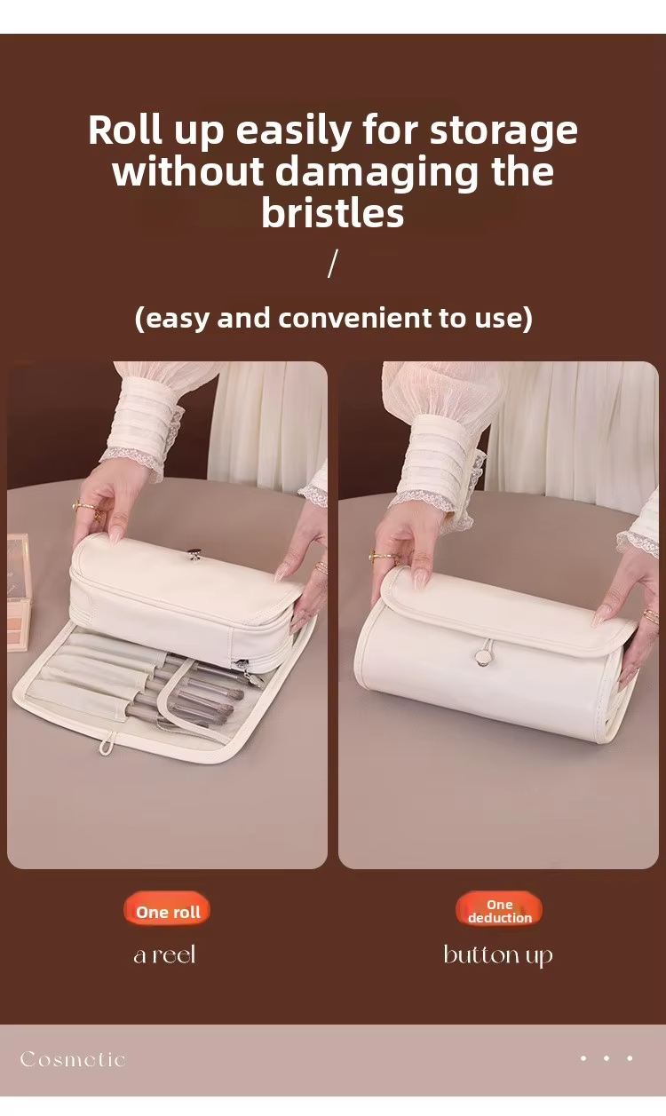 Gaohe New Product Fashion High-Value Open Leather Makeup Brush Storage Bag Multi-Functional Foldable Portable Professional
