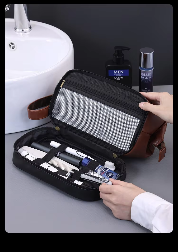 Business Trips Large Capacity Travel Toiletry Bag for Men Vintage Double Layer Design Multifunctional Portable Handheld Case