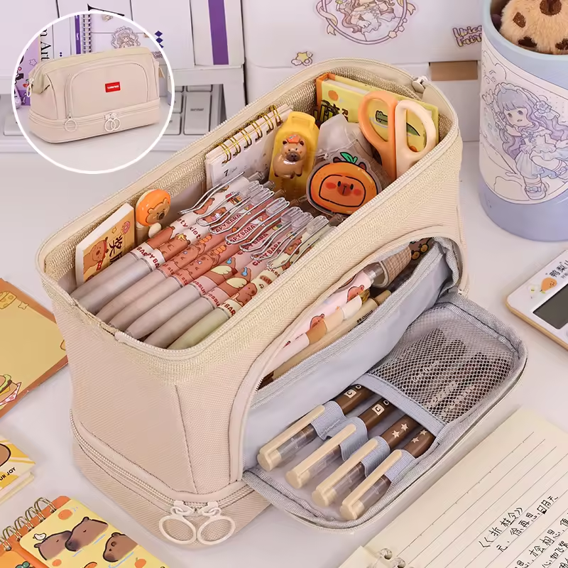 Premium Steel Wire Frame Extra Large Capacity School Stationery Organizer for Pens Markers Erasers Double Layer Pencil Case