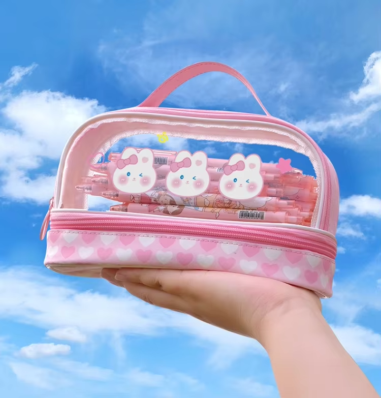 High-Appearance Double Cute Transparent Pen Bag Large Capacity Simple Zipper Student Portable Pencil Case Pencil Pouch