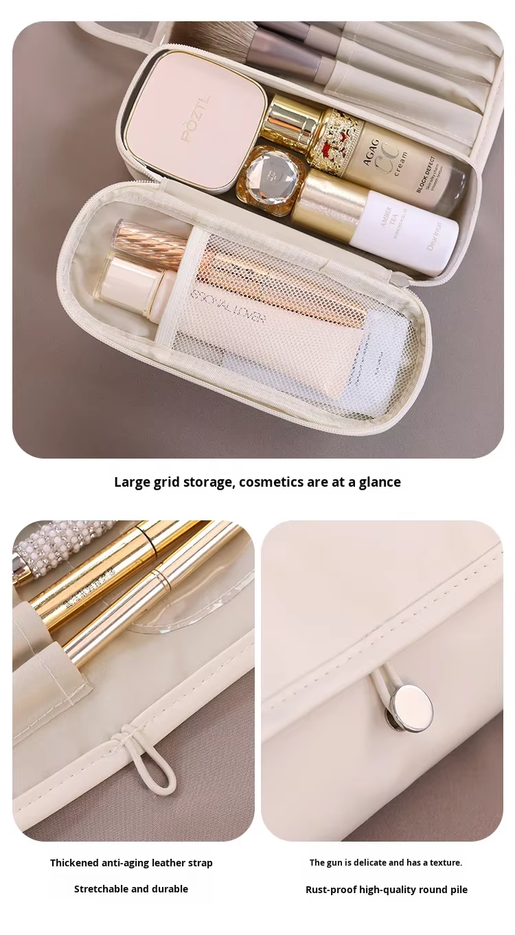 Gaohe New Product Fashion High-Value Open Leather Makeup Brush Storage Bag Multi-Functional Foldable Portable Professional