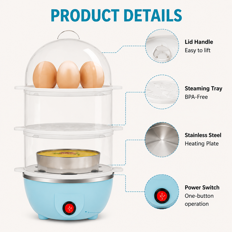 3 Tier Egg Boiler Electric Egg Cooker, Breakfast Maker With Auto Shut Off