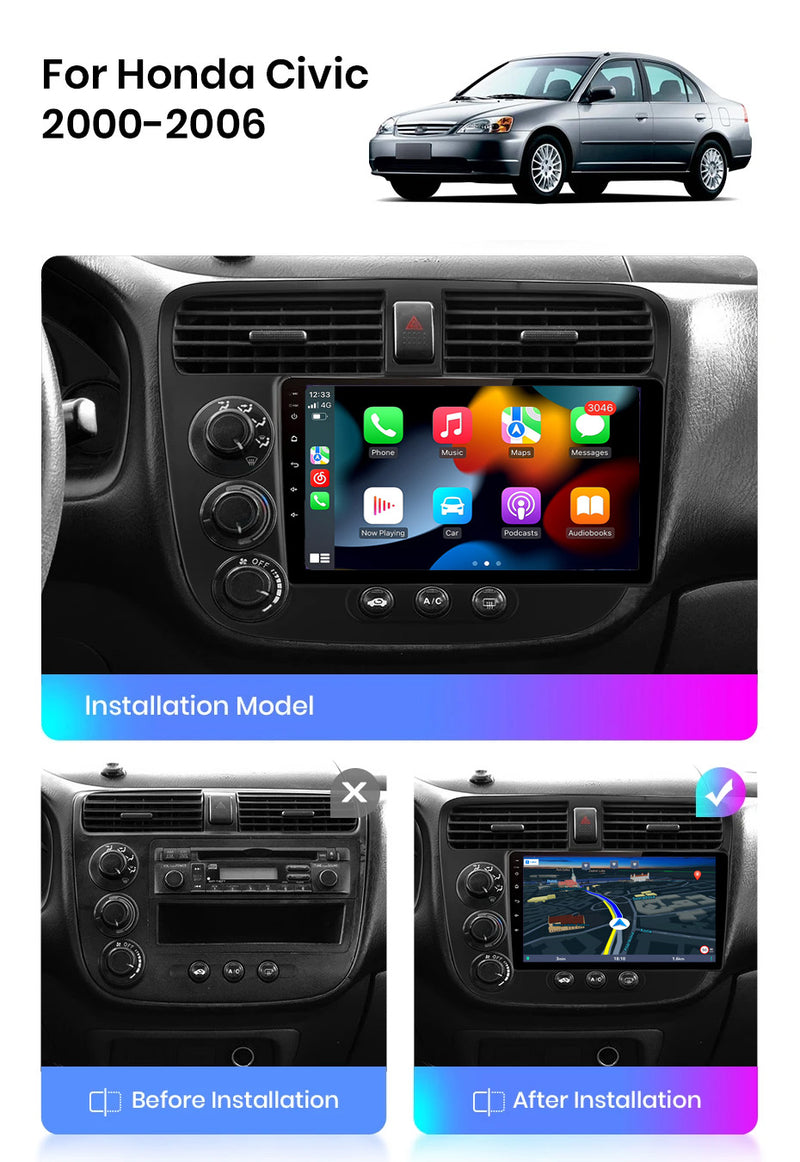 RoverOne Car Stereo Radio Bluetooth CarPlay GPS Navigation for Honda Civic 2000 - 2006