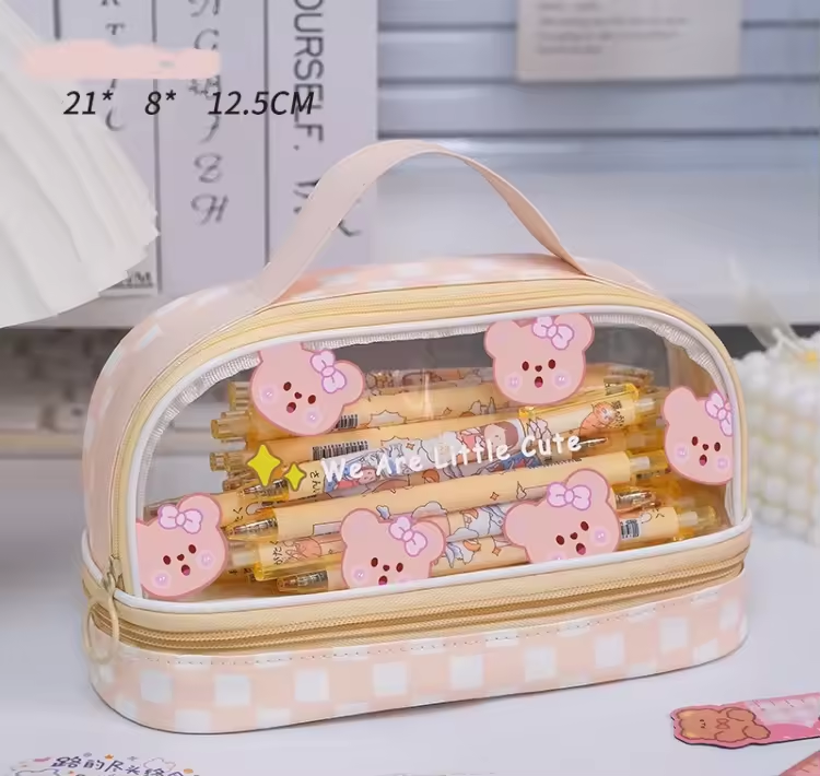 High-Appearance Double Cute Transparent Pen Bag Large Capacity Simple Zipper Student Portable Pencil Case Pencil Pouch