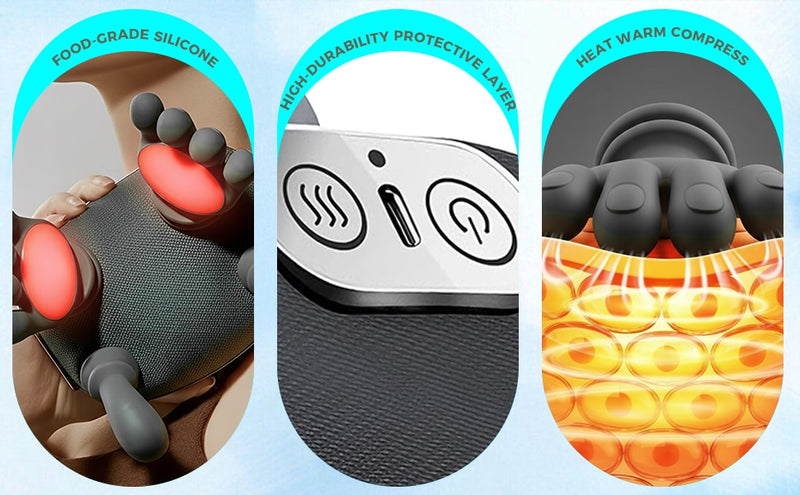 4D bionic neck massager with heat, simulates real hand massage. 3 intensities & 2 heat levels to relax muscle tension