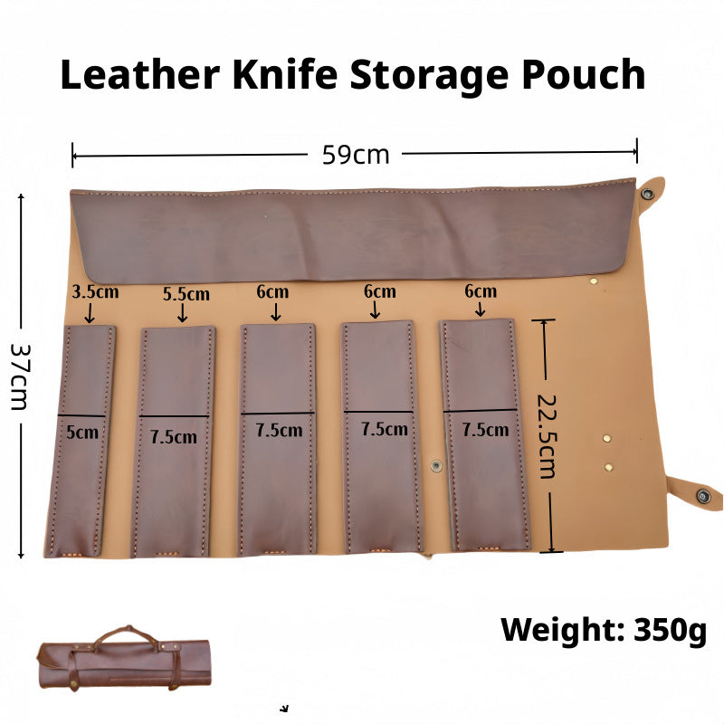 Genuine Leather 5-Slot Knife Roll Storage Pouch, Portable Chef Knife Bag with Handle, Tool Roll for Chefs, Culinary Students