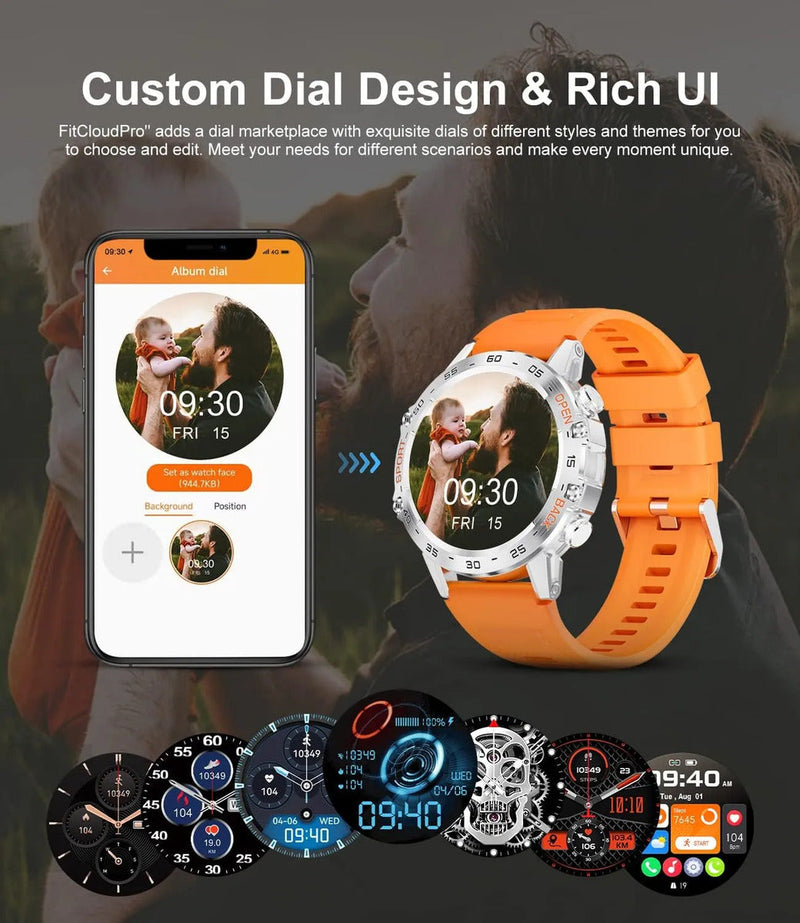 Outdoor Tactical Smartwatch, 1.39" IPS Screen, 120+ Sports Modes, Health Monitoring, Bluetooth Call, Fitness Tracker for Men