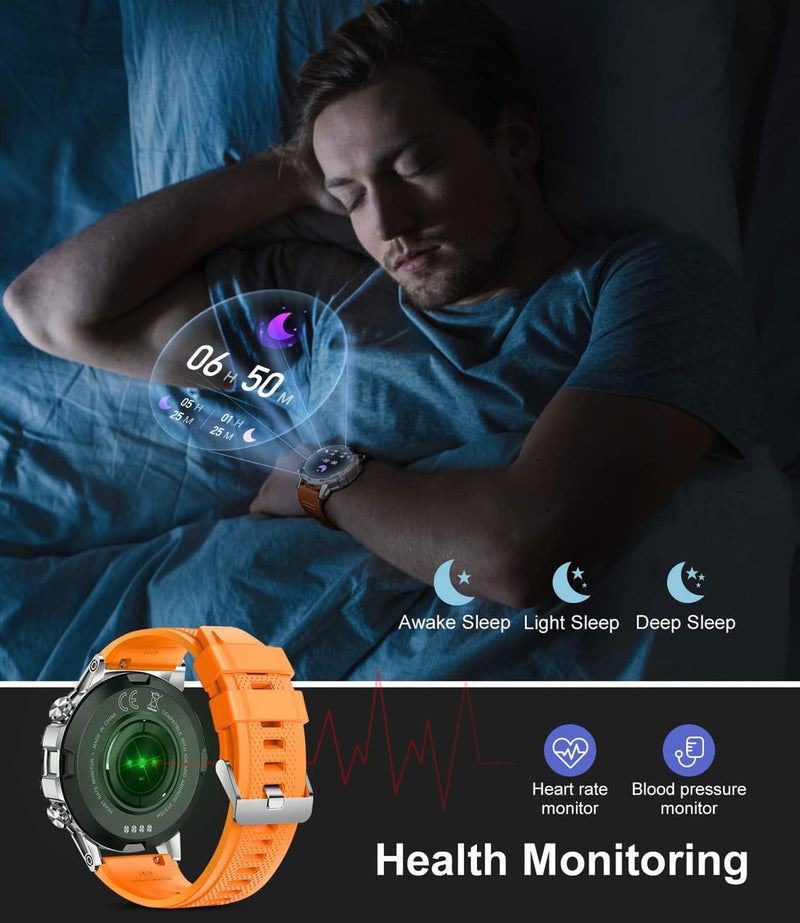Outdoor Tactical Smartwatch, 1.39" IPS Screen, 120+ Sports Modes, Health Monitoring, Bluetooth Call, Fitness Tracker for Men