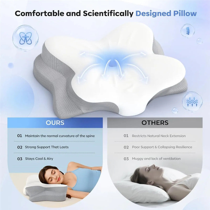 Ergonomic Butterfly Memory Foam Neck Pillow for Neck Pain Relief, Cervical Pillow for Side Back Stomach Sleepers, Washable Pillowcase
