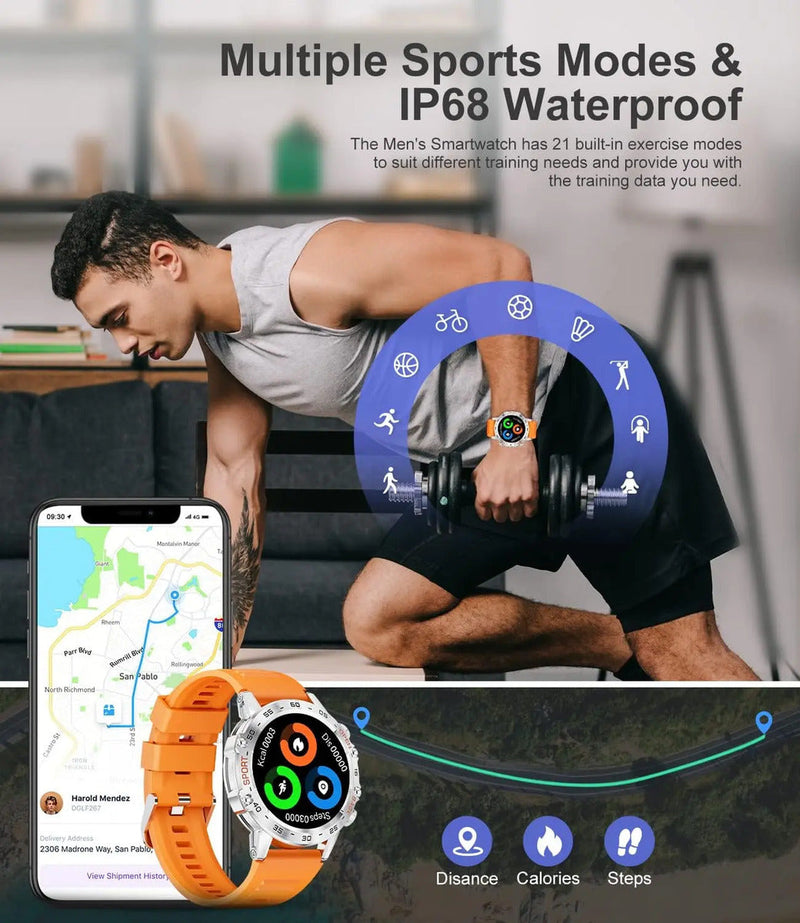 Outdoor Tactical Smartwatch, 1.39" IPS Screen, 120+ Sports Modes, Health Monitoring, Bluetooth Call, Fitness Tracker for Men