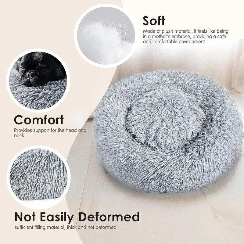 50cm Calming Donut Dog Bed, Fluffy Plush Round Cat Bed with Anti-Slip Bottom, Washable Pet Bed for Small Dogs and Cats