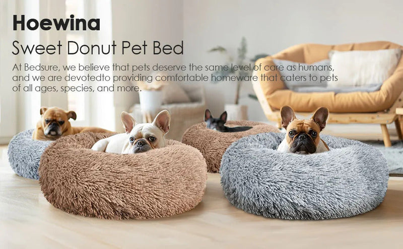 50cm Calming Donut Dog Bed, Fluffy Plush Round Cat Bed with Anti-Slip Bottom, Washable Pet Bed for Small Dogs and Cats