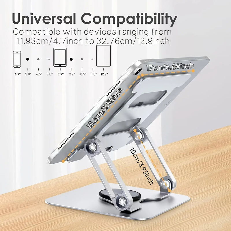 360° Rotatable Adjustable Tablet Stand, Aluminum Alloy Foldable Phone Holder with Multi-Angle Adjustment, Compatible with 4.7-12.9 Inch Devices
