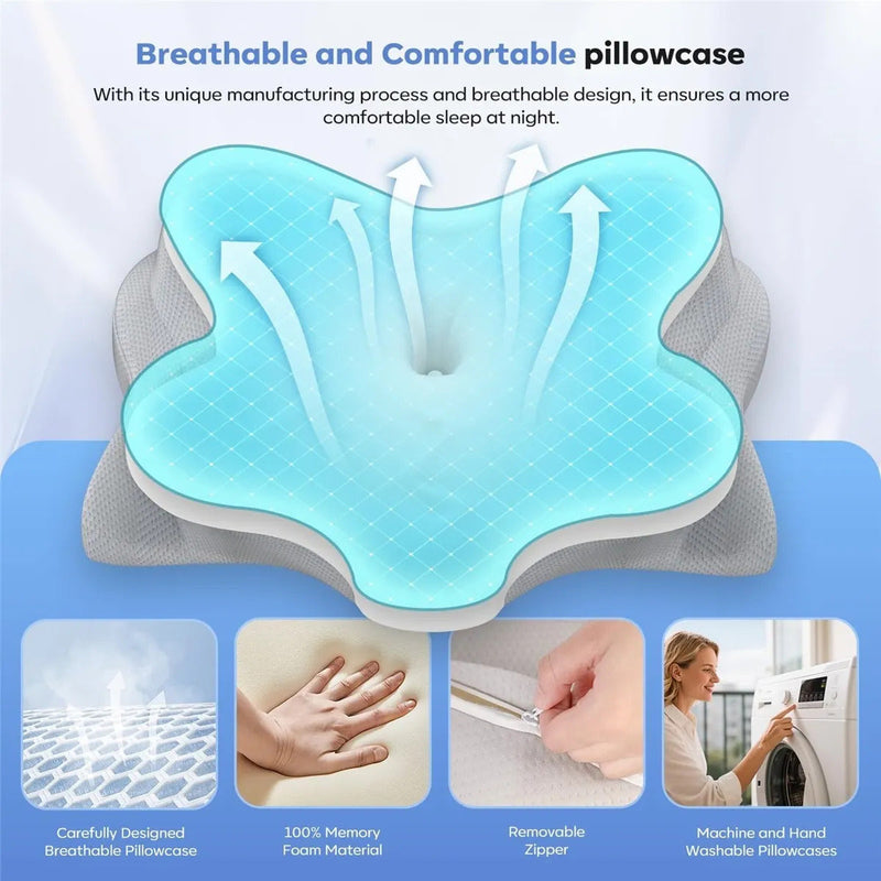 Ergonomic Butterfly Memory Foam Neck Pillow for Neck Pain Relief, Cervical Pillow for Side Back Stomach Sleepers, Washable Pillowcase
